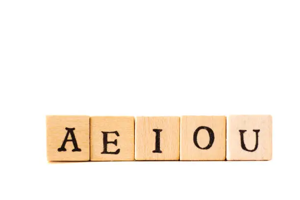 AEIOU: English Vowels written in wood block letters on a white background with plenty of copy space.