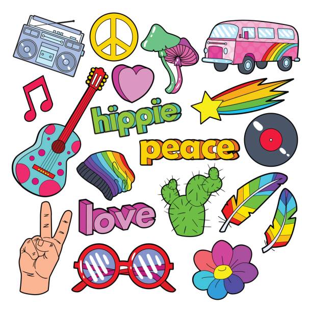 Hippie Lifestyle Doodle with Pink Van, Peace Hippie Lifestyle Doodle with Pink Van, Peace Sign and Colorful Guitar. Vector illustration pink guitar stock illustrations