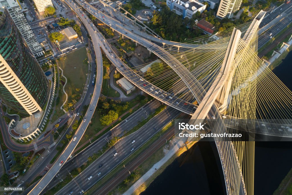 Aerial View of Estaiada Bridge in Sao Paulo, Brazil São Paulo Stock Photo