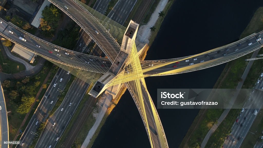 Aerial View of Estaiada Bridge in Sao Paulo, Brazil Aerial View Stock Photo