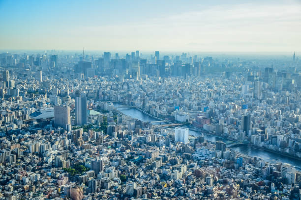 aerial view of tokyo city taken from top of tokyo skytree tower - tokyo tower fotos imagens e fotografias de stock