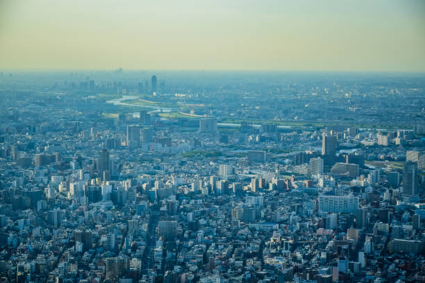 aerial view of tokyo city taken from top of tokyo skytree tower - tokyo tower fotos imagens e fotografias de stock