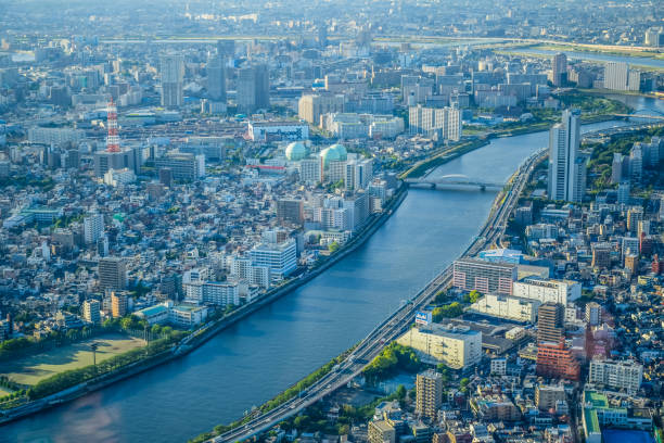 aerial view of tokyo city taken from top of tokyo skytree tower - tokyo tower fotos imagens e fotografias de stock