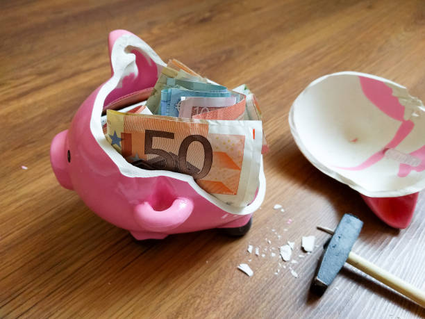 깨진된 돼지 돼지 은행 내부 유로 - piggy bank broken empty coin bank 뉴스 사진 이미지