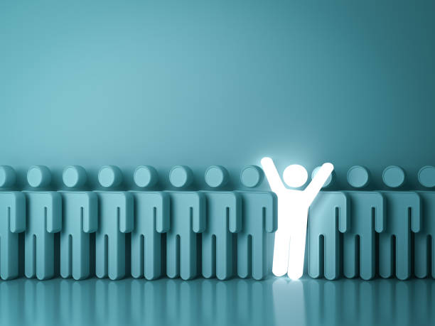 istock Stand out from the crowd and different creative idea concepts , One glowing light man standing with arms wide open among other people on green background with reflections and shadows . 3D rendering 807452974