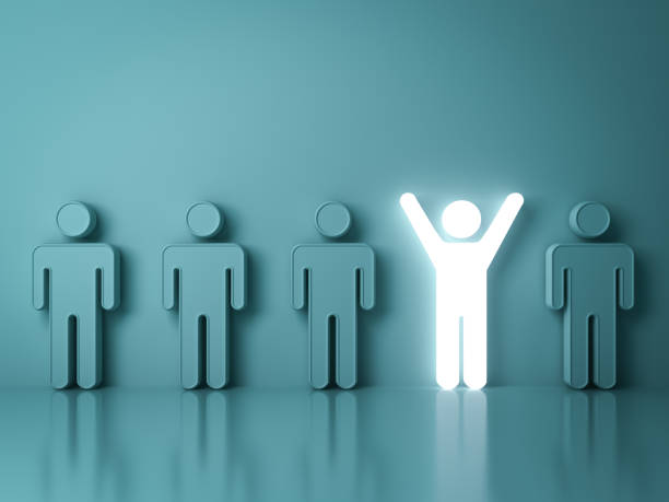 istock Stand out from the crowd and different creative idea concepts , One glowing light man standing with arms wide open among other people on green background with reflections and shadows . 3D rendering 807453018