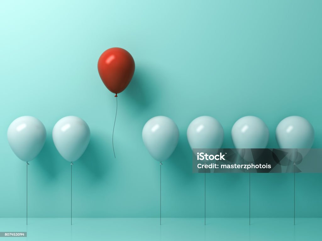 Stand out from the crowd and different concept , One red balloon flying away from other white balloons on light green pastel color wall background with reflections and shadows . 3D rendering Stand out from the crowd and different concept , One red balloon flying away from other white balloons on light green pastel color wall background with reflections and shadows . 3D rendering. Contrasts Stock Photo