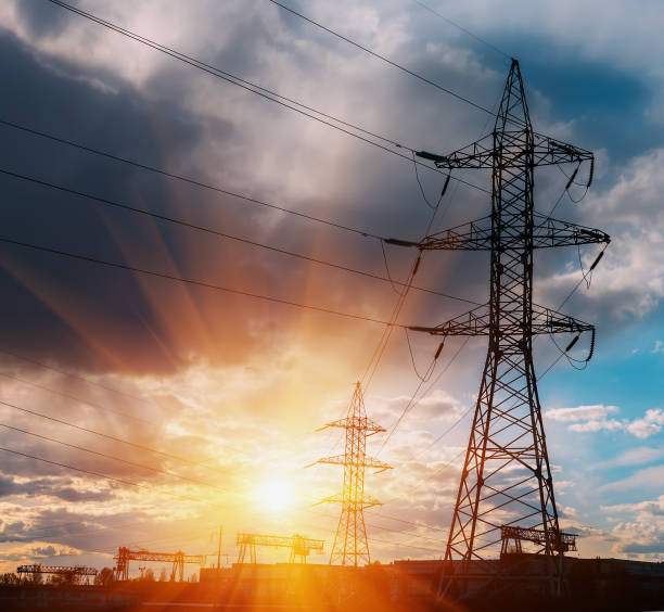 istock Electricity pylon with after rain sky. High voltage electric tower with beautiful sky background after the rain 807463406