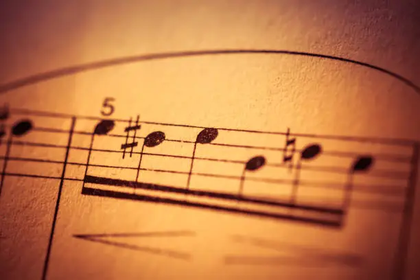 Close-up images of sheet music highlighting single bars of music notes. Styled with multiple color toning options.