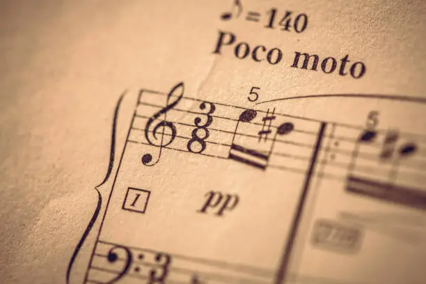 Close-up images of sheet music highlighting single bars of music notes. Styled with multiple color toning options.