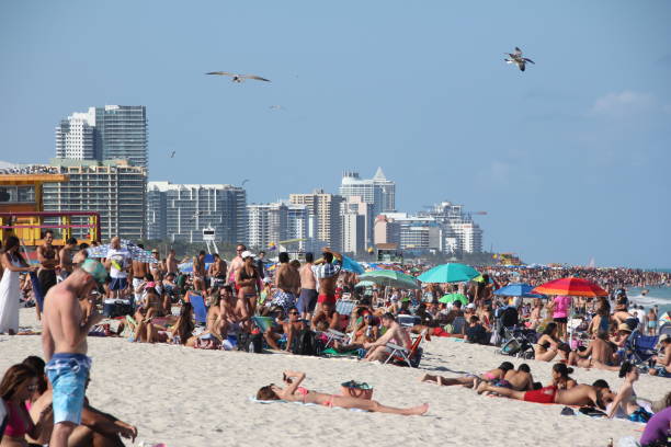 A lifeguard post along the horizon of the tropical Miami Beach, with blue sky and copy space above.