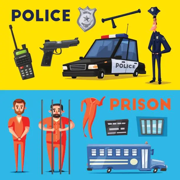 Vector illustration of Police and prison. Cartoon vector illustration