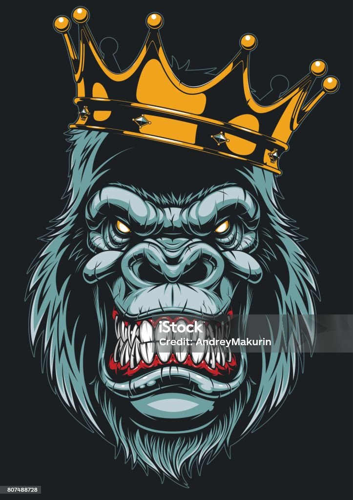 Ferocious gorilla head Vector illustration, ferocious gorilla head on with crown, on white background Gorilla stock vector