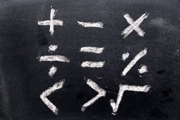 istock Set of math symbol draw by chalk on black board background 807546800