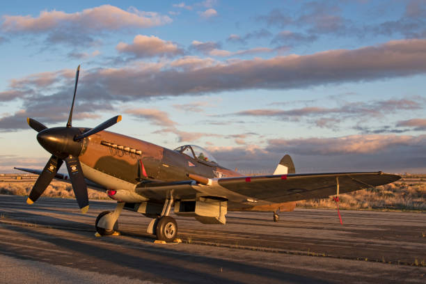 Los Angeles, California,USA - March 25,2017. WWII British Spitfire aircraft on the runway at the 2017 Los Angeles Air Show in Los Angeles, California. The 2017 Los Angeles Air Show features 2 days of military aircraft and the Thunderbirds performing for the general public.