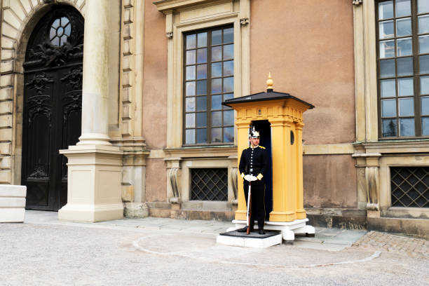 uzbrojony strażnik w mundurze stoi na swoim stanowisku przed pałacem królewskim w sztokholmie, szwecja - people full length palace sweden zdjęcia i obrazy z banku zdjęć