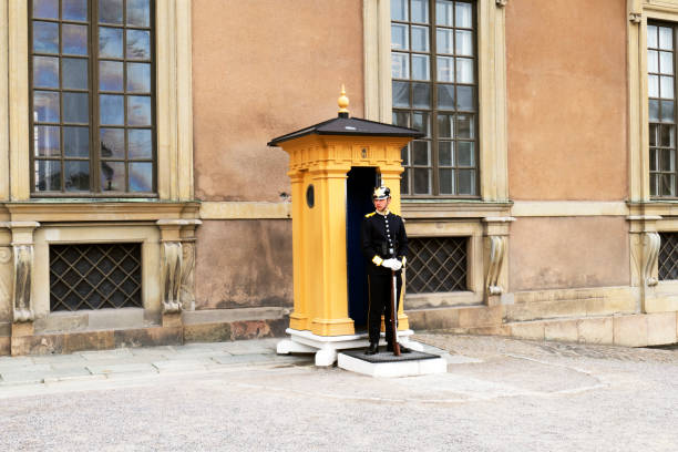 uzbrojony strażnik w mundurze stoi na swoim stanowisku przed pałacem królewskim w sztokholmie, szwecja - people full length palace sweden zdjęcia i obrazy z banku zdjęć