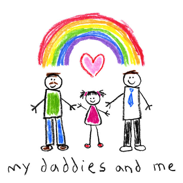 ilustrações de stock, clip art, desenhos animados e ícones de children’s style drawing - fathers and daugther gay family - drawing child childs drawing family