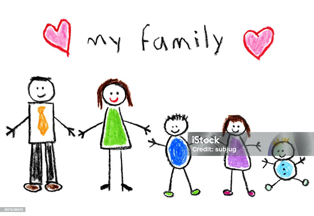 Children’s Style Drawing - Family Happy family children's style drawing on white background - boy, girl, baby and two parents Family stock illustration