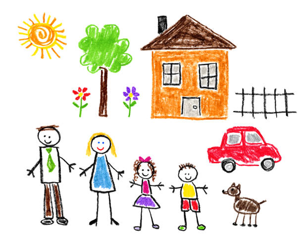 Children’s Style Drawing - Family Theme Happy family children's style drawing on white background - Boy, girl, two parents and dog in front of their house mother drawings stock illustrations