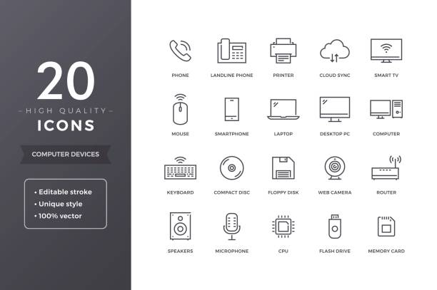 illustrations, cliparts, dessins animés et icônes de icônes d’ordinateur electronics line - usb flash drive data symbol computer icon