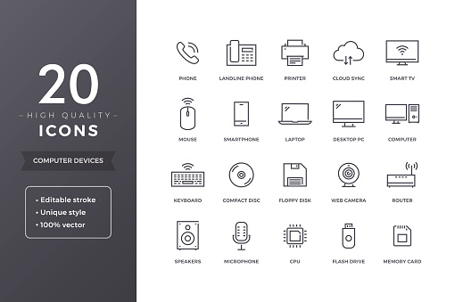 Computer electronic devices line icons. Vector office PC accessories and hardware icon set with editable stroke