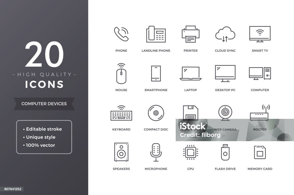 Computer Electronics Line Icons Computer electronic devices line icons. Vector office PC accessories and hardware icon set with editable stroke Icon Symbol stock vector