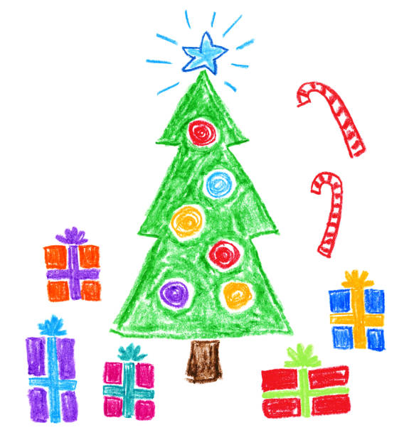 illustrazioni stock, clip art, cartoni animati e icone di tendenza di disegno in stile bambino - albero di natale e regali - christmas child