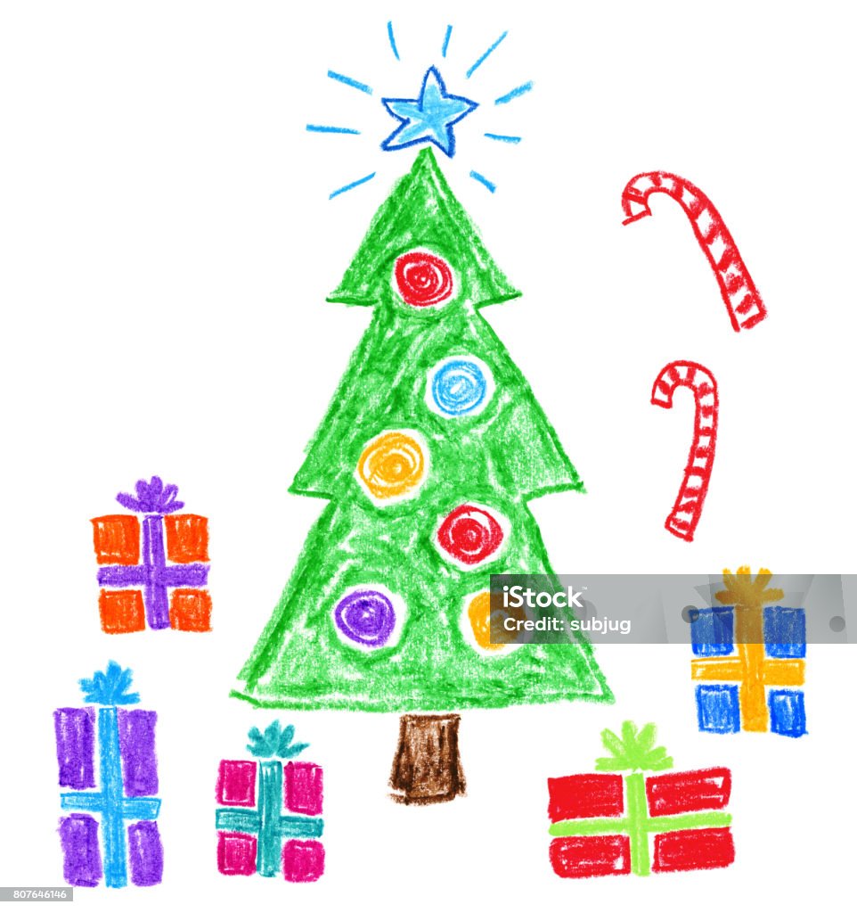 Children’s Style Drawing - Christmas Tree and Gifts Christmas themed children's style drawing on white background - Christmas tree with gifts and candy canes Christmas stock illustration