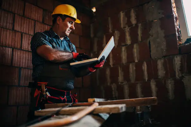 Photo of Senior construction worker with a laptop