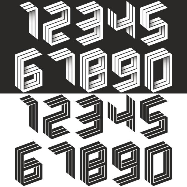 数字は、等尺性幾何学的な形、黒と白の独創的なアイデア ヒップスター モノグラム桁の視点で設定。結婚式のカードの数字のコレクションです。数学記号は 1、2、3、4、5、6、7、8、9、0 - number 4 number three dimensional shape design element点のイラスト素材／クリップアート素材／マンガ素材／アイコン素材