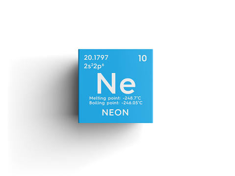 Neon. Noble gases. Chemical Element of Mendeleev's Periodic Table. Neon in square cube creative concept.