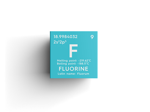 Fluorine. Halogens. Chemical Element of Mendeleev's Periodic Table. Fluorine in square cube creative concept.