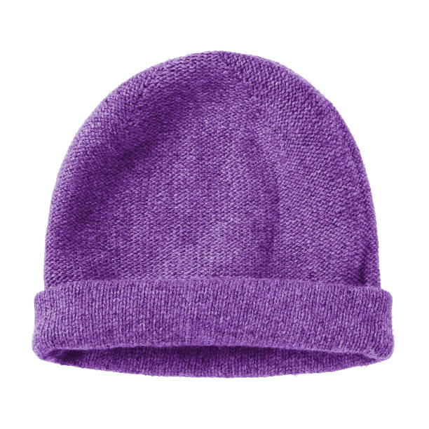 istock Violet winter woolen hat cap flat isolated on white 807753260