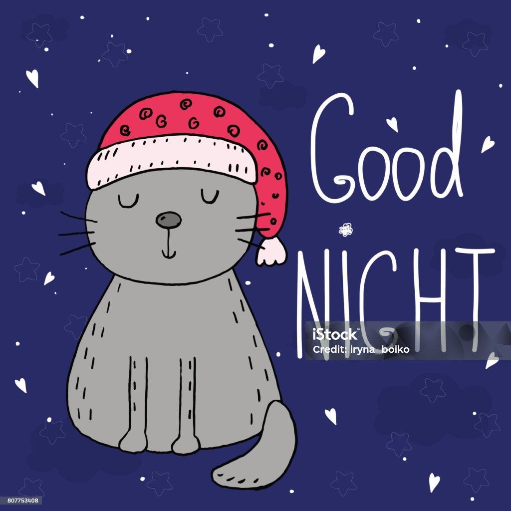Good Night Vector Card With Cute Funny Cartoon Cat Stock Illustration - Download Image Now - iStock Good Night Vector Card With Cute Funny Cartoon Cat Stock Illustration - Download Image Now - iStock