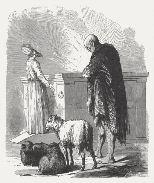 The Leper at the Altar (Leveticus 14, 10), published 1886 The Leper at the Altar (Leveticus 14, 10). Purification of Diseased Skin Infections. Wood engraving, published in 1886. sacrifice stock illustrations