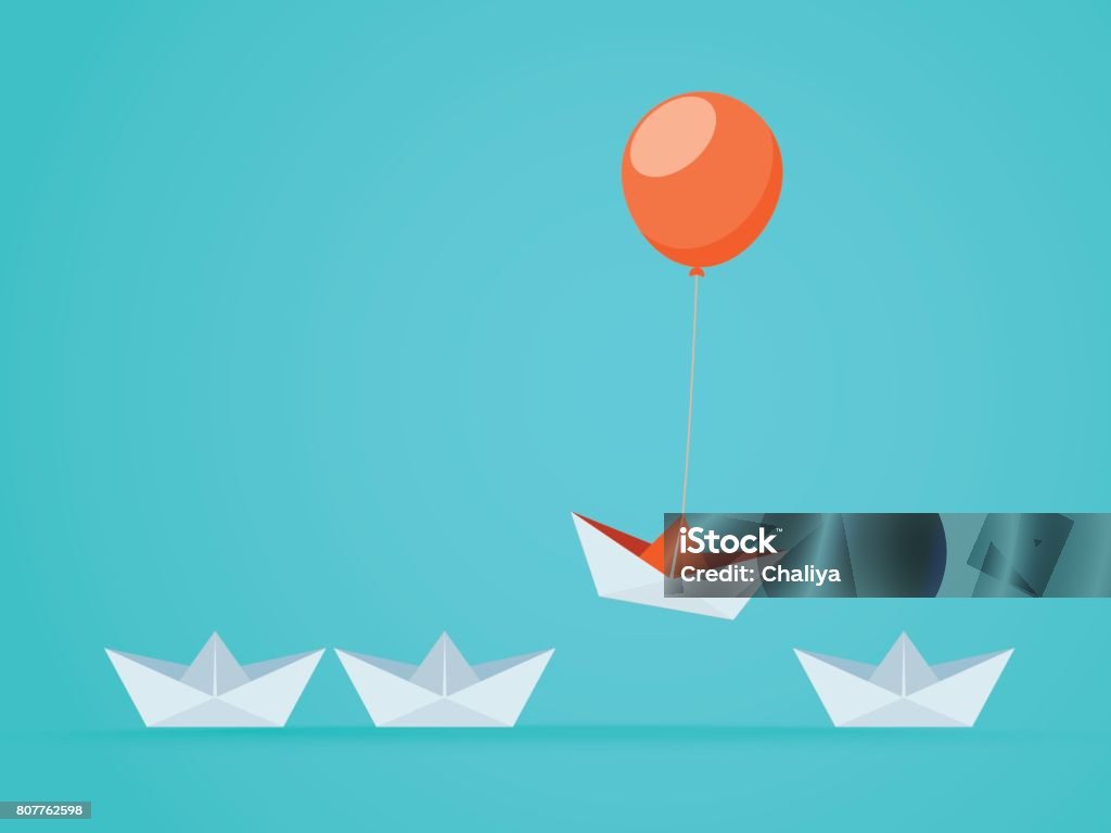 Outstanding the Boat rises above with balloon. Business advantage opportunities and success concept. Uniqueness, leadership, independence, initiative, strategy, dissent, think different. Outstanding the Boat rises above with balloon. Business advantage opportunities and success concept. Uniqueness, leadership, independence, initiative, strategy, dissent, think different. Vector Illustration Paper Boat stock vector