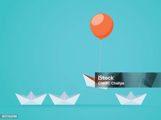 Outstanding The Boat Rises Above With Balloon Business Advantage Opportunities And Success Concept Uniqueness Leadership Independence Initiative Strategy Dissent Think Different Stock Illustration - Download Image Now