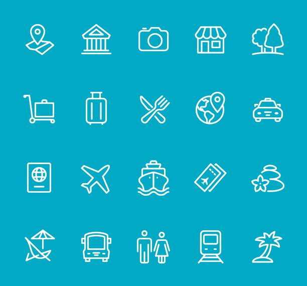 Travel - line icon set Pixel Perfect - Isolated on Blue - Travel Icon Set #16 cruise ship cruise passport map stock illustrations