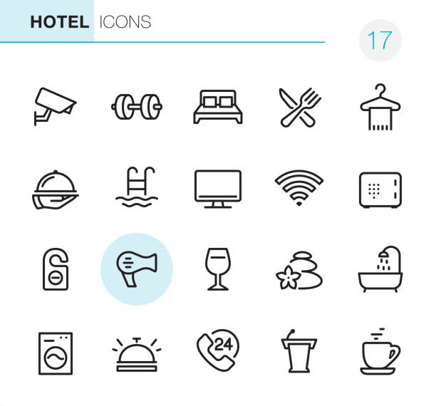 illustrazioni stock, clip art, cartoni animati e icone di tendenza di hotel e viaggi - icone pixel perfect - hotel wireless technology bedroom hotel room