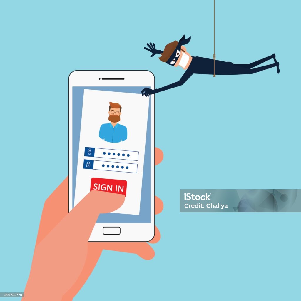 Thief Hacker stealing sensitive data, personal information as passwords from a smartphone useful for anti phishing and internet viruses campaigns.Concept hacking internet social network. Thief Hacker stealing sensitive data, personal information as passwords from a smartphone useful for anti phishing and internet viruses campaigns.Concept hacking internet social network. Cartoon Vector Illustration. Computer Hacker stock vector