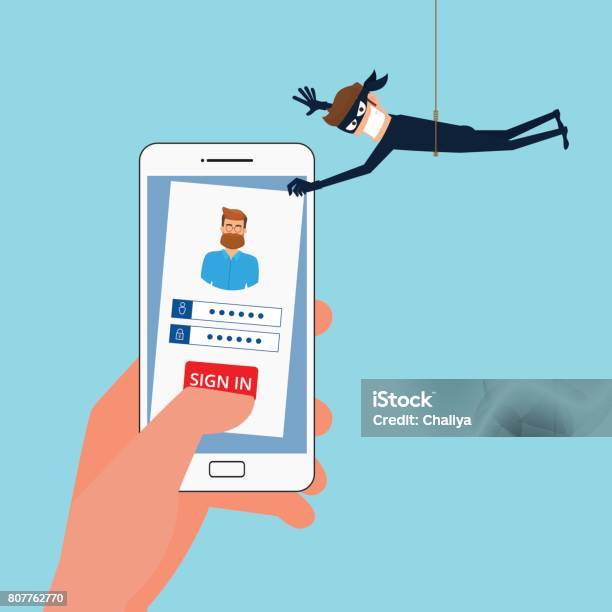 Thief Hacker Stealing Sensitive Data Personal Information As Passwords From A Smartphone Useful For Anti Phishing And Internet Viruses Campaignsconcept Hacking Internet Social Network Stock Illustration - Download Image Now