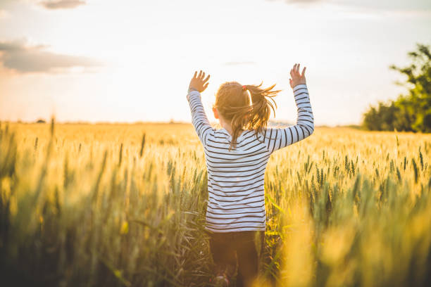 маленькая девочка работает крест пшеничное поле - rural scene little girls child one little girl стоковые фото и изображения