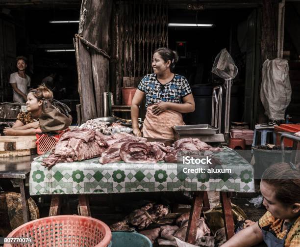 Street Market Selling Meat At Chinatown Yangon Myanmar Stock Photo - Download Image Now