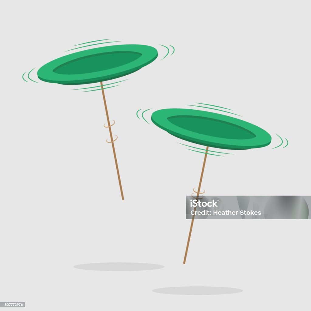 Two spinning green plates on brown pole A performance trick, where plates spin and balance on thin sticks. Plate stock vector