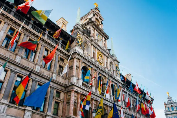 Antwerp city hall, full of flags