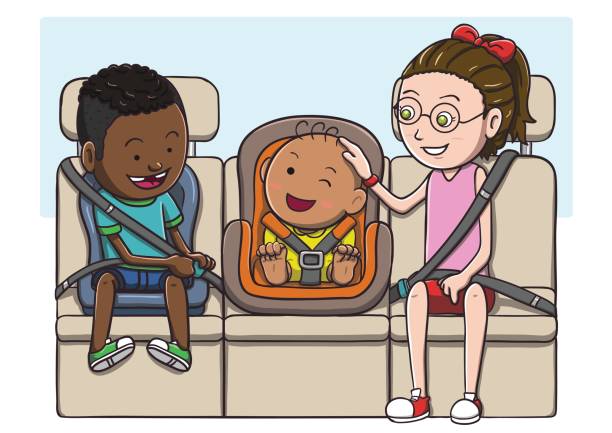 ilustraciones, imágenes clip art, dibujos animados e iconos de stock de tres niños en el asiento trasero con cinturón de seguridad - back seat illustrations