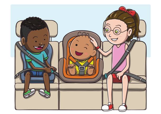ilustrações de stock, clip art, desenhos animados e ícones de three kids in the backseat using safety belt - back seat illustrations