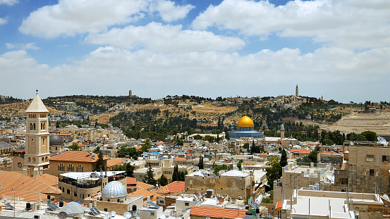 Jerusalem panoramic aerial view. Jerusalem is most sacred place for religious people christians muslims and jews. It's most touristic place on the planet as well.