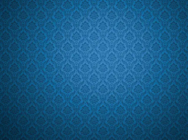 Blue damask wallpaper with floral patterns
